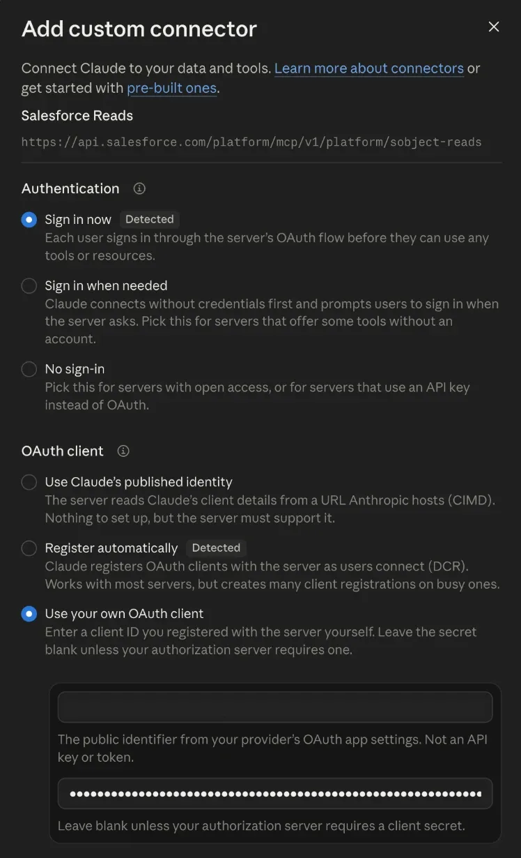 Claude's Add custom connector dialog for Salesforce Reads, with Sign in now selected for authentication and Use your own OAuth client selected, with fields for the client ID and client secret.