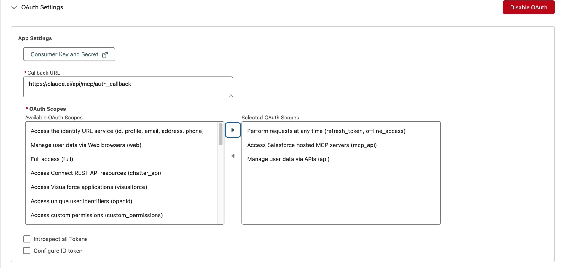 External Client App OAuth Settings in Salesforce, with the callback URL https://claude.ai/api/mcp/auth_callback and three selected scopes: refresh_token and offline_access, mcp_api, and api.