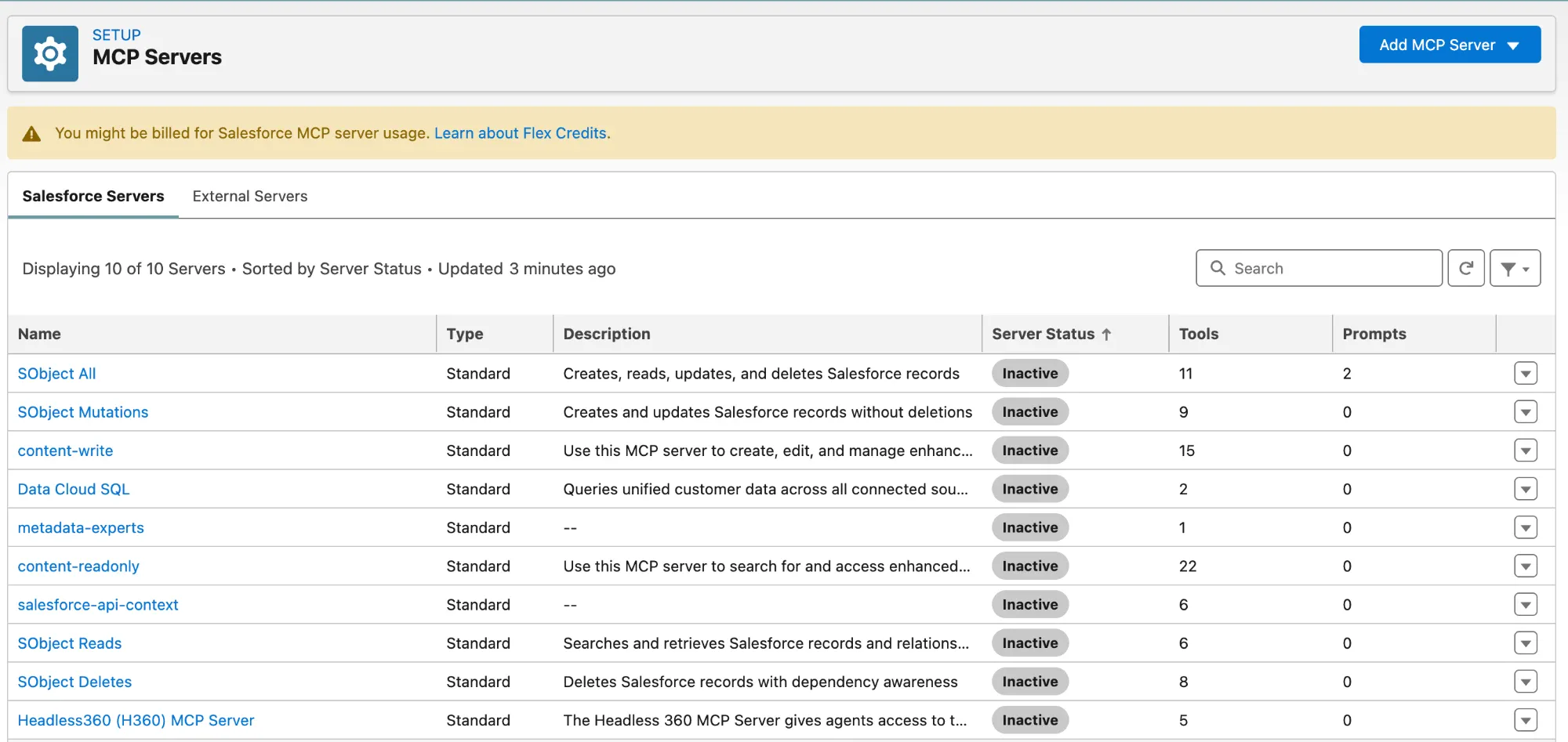 Salesforce Setup, MCP Servers page, listing ten standard servers including SObject All, SObject Mutations, SObject Reads and SObject Deletes, all with status Inactive, under a notice that MCP server usage may be billed in Flex Credits.